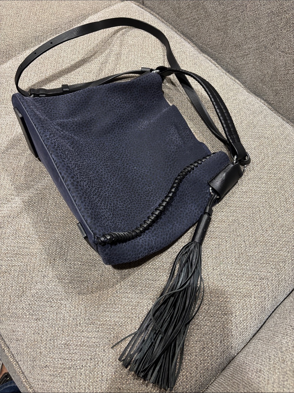 AllSaints Navy Suede Shoulder Bag with Black Tassel